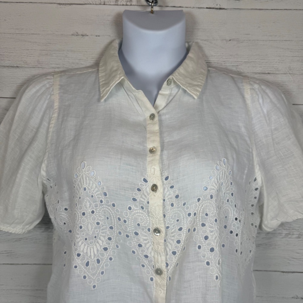 Joie Eyelet 100% Linen Blouse White Large eyelet cottage coquette spring boho - Picture 8 of 9